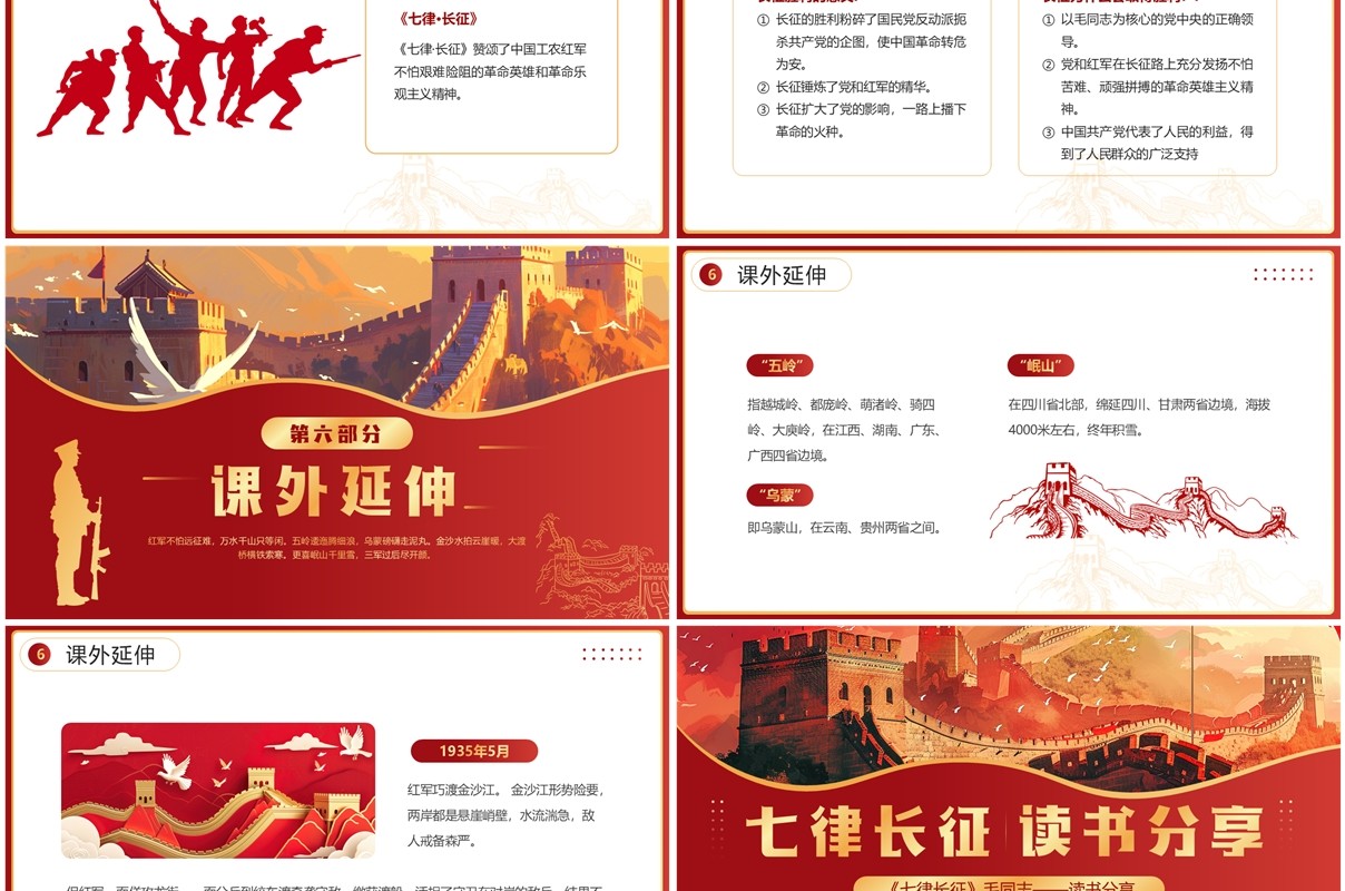 红色插画风七律长征读书分享PPT模板