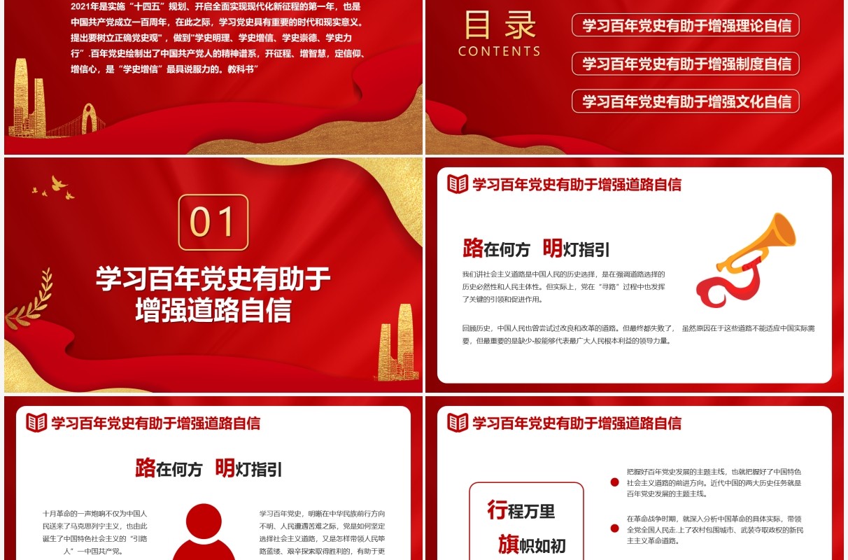 红色党政风以百年党史学习助力四个自信动态PPT模板