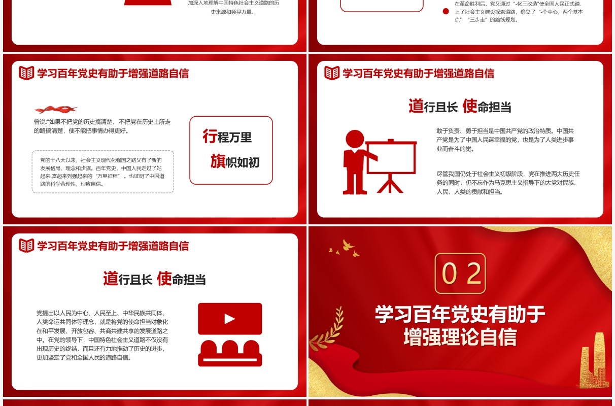 红色党政风以百年党史学习助力四个自信动态PPT模板