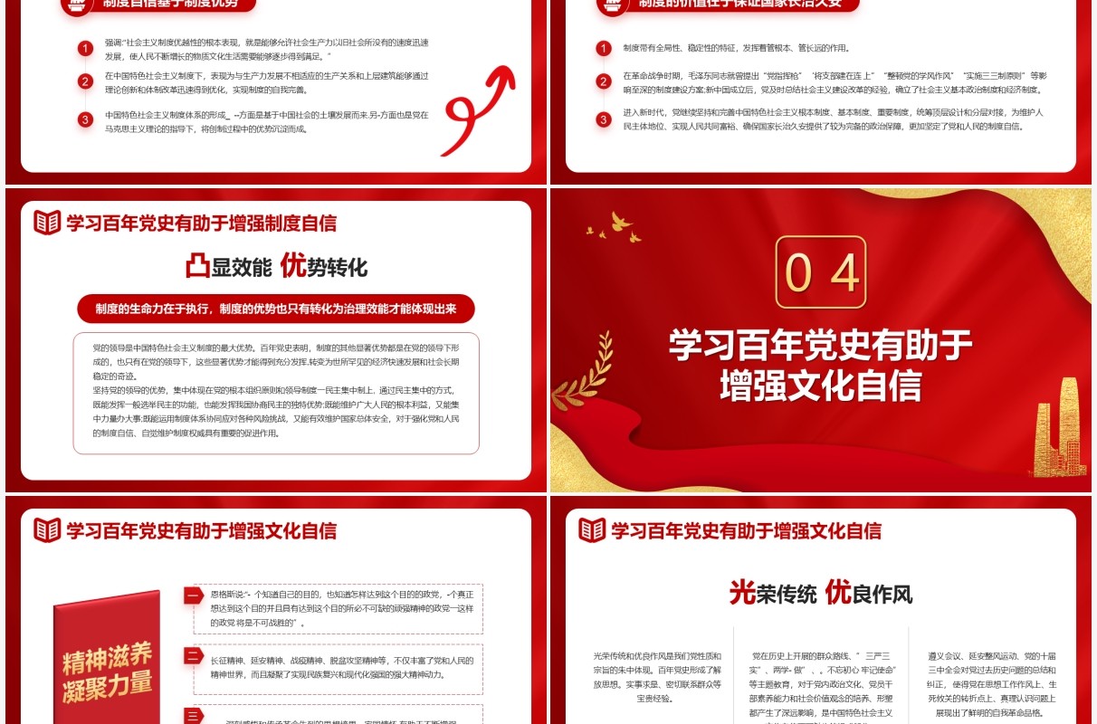 红色党政风以百年党史学习助力四个自信动态PPT模板