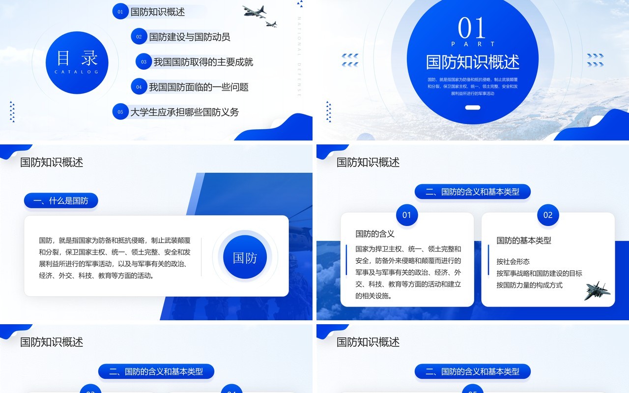 蓝色简约风大学生国防教育PPT模板