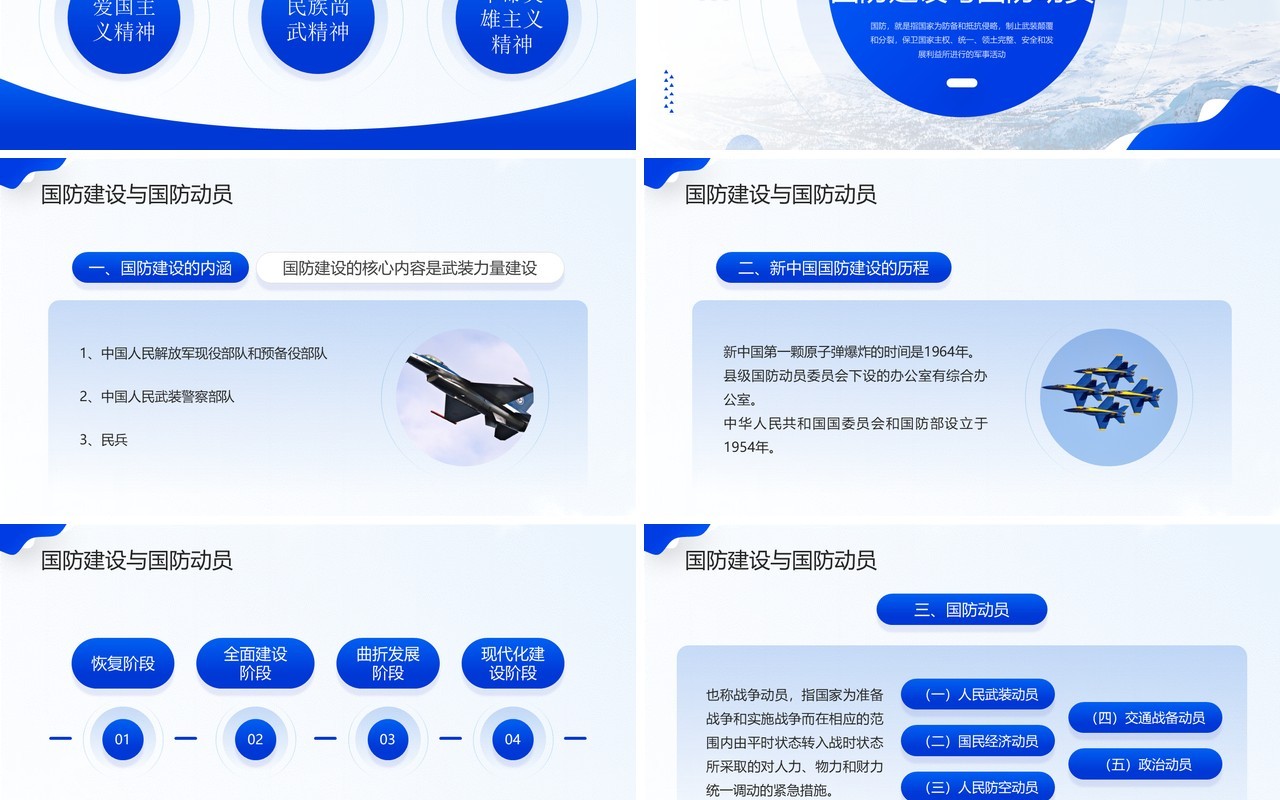 蓝色简约风大学生国防教育PPT模板