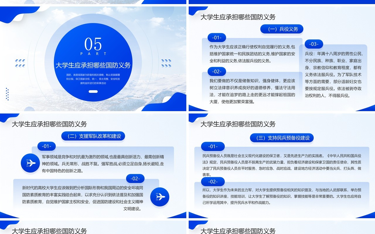 蓝色简约风大学生国防教育PPT模板