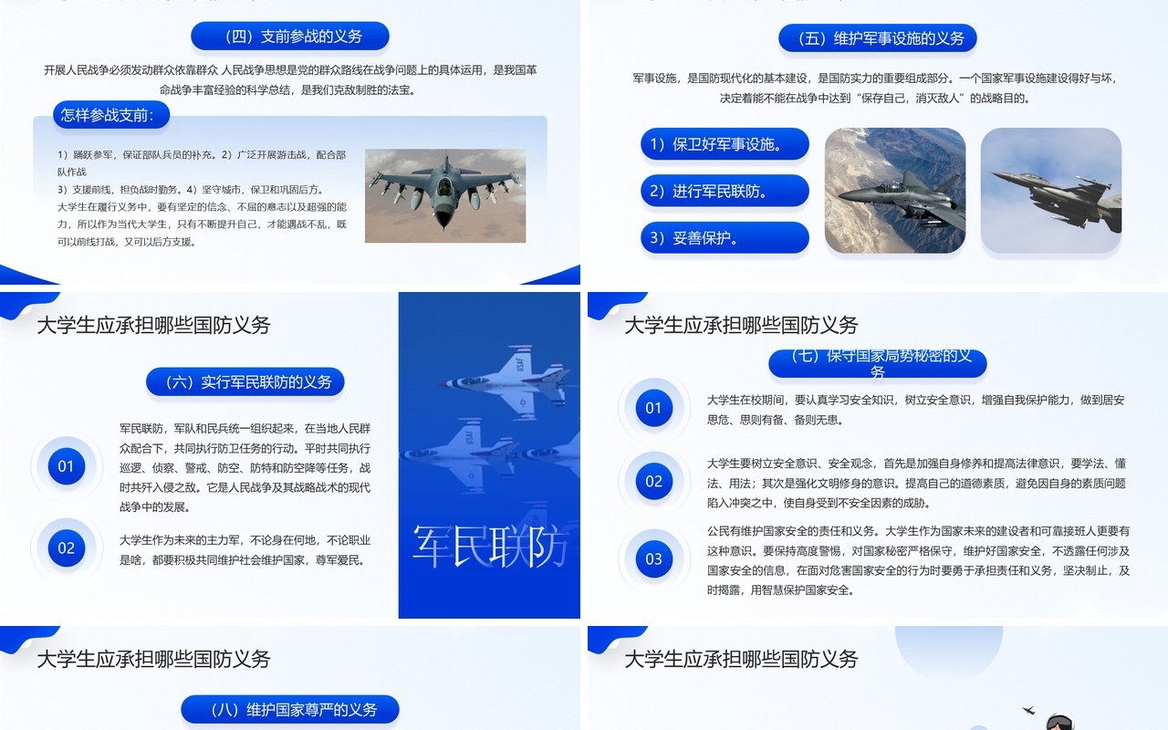蓝色简约风大学生国防教育PPT模板