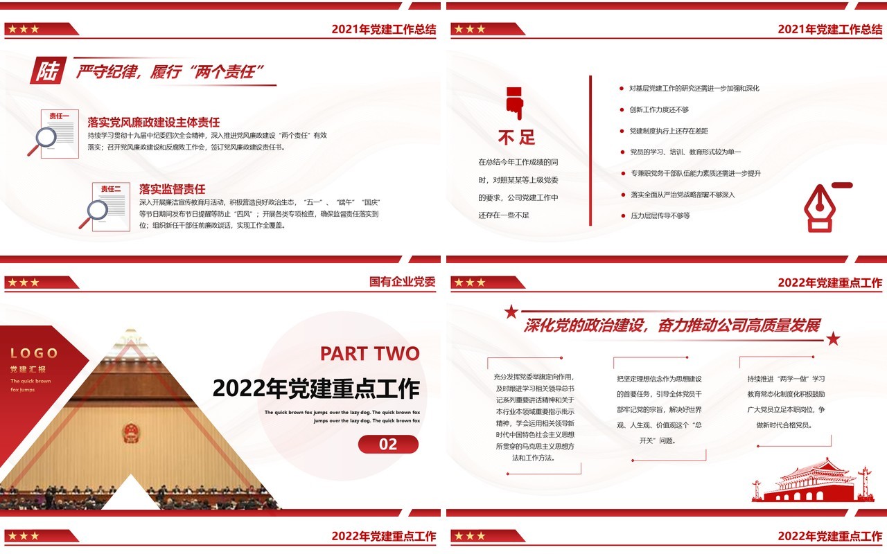 红色渐变国有企业党委党建工作总结PPT模板
