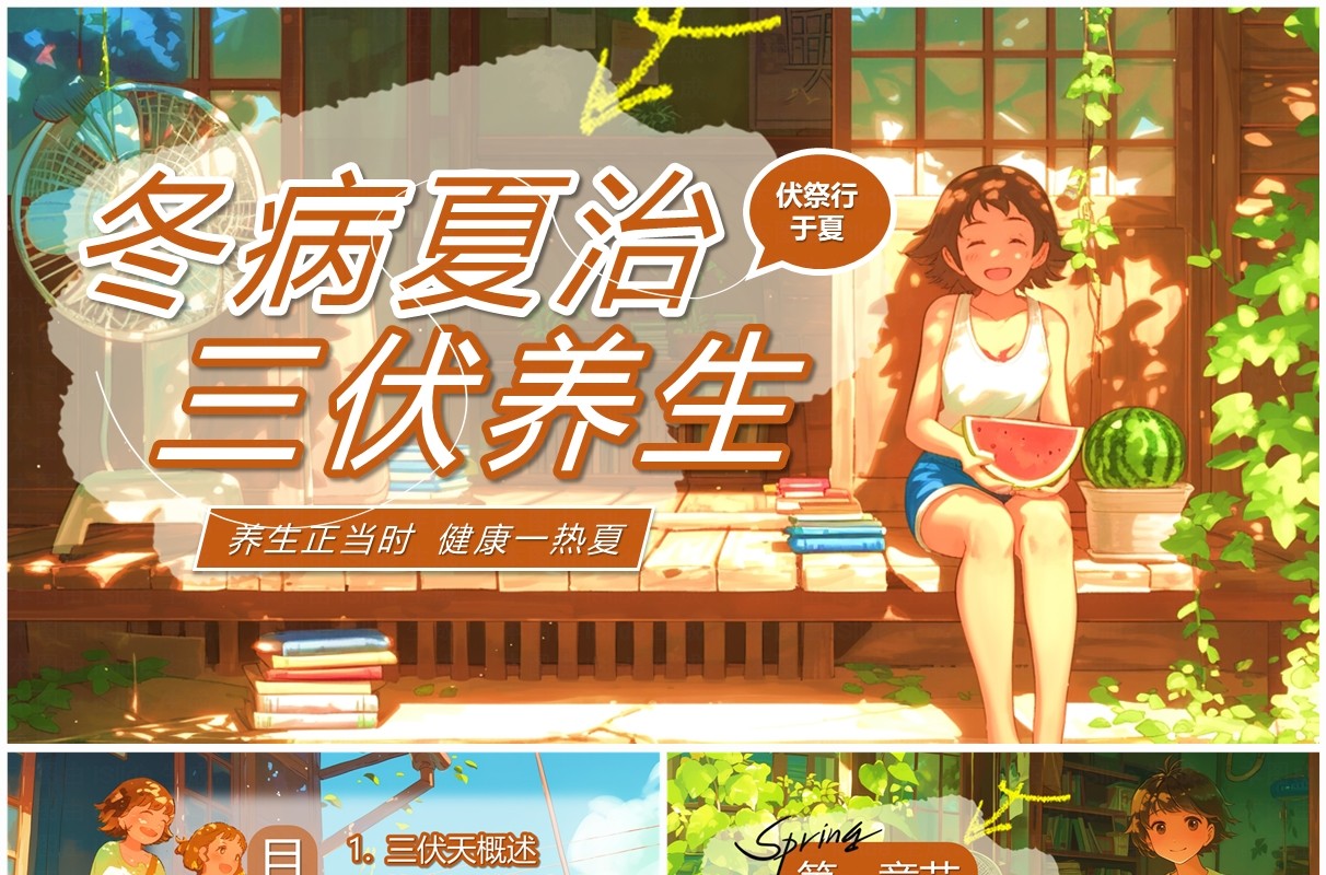 橙色插画风冬病夏治三伏养生PPT模板