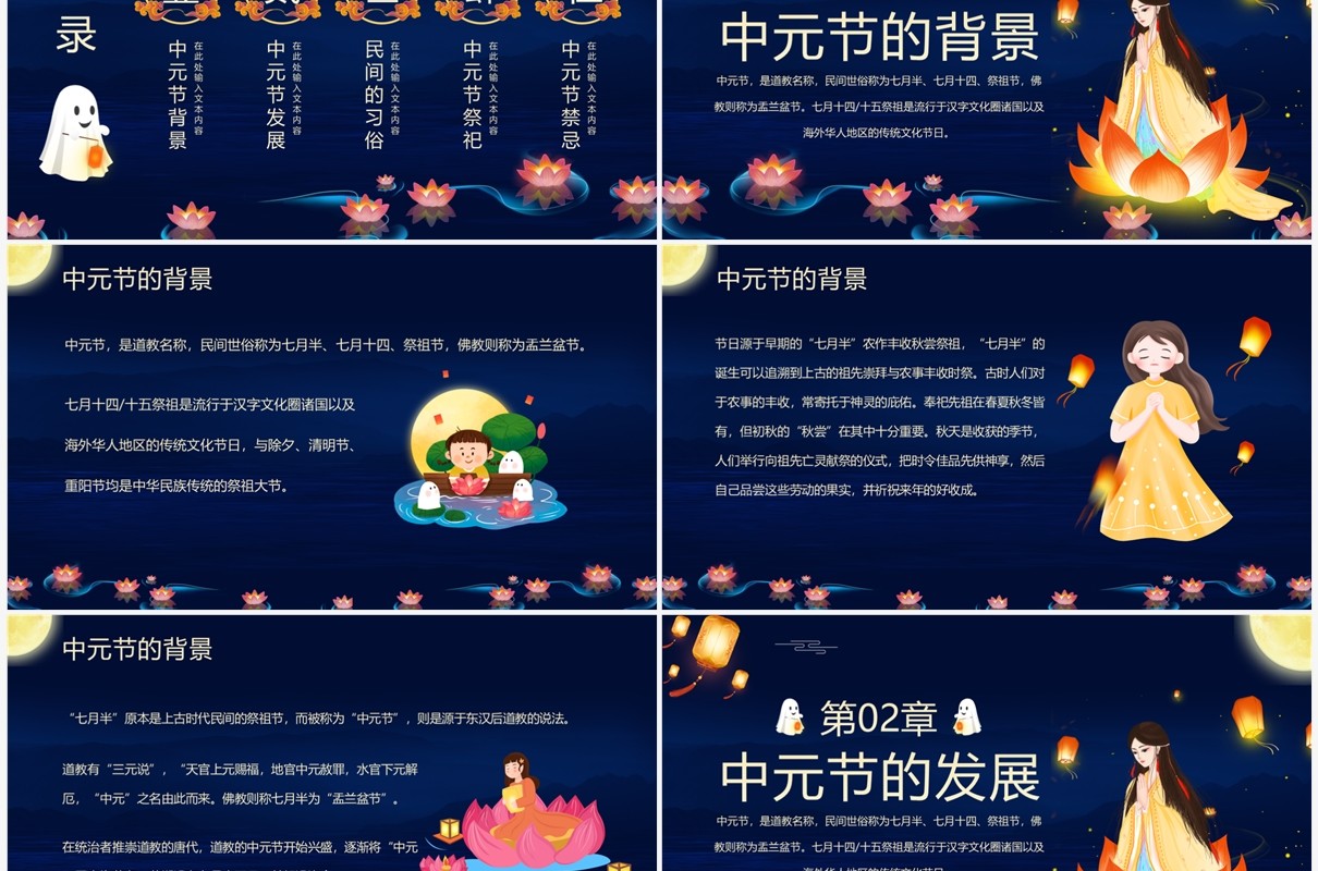 蓝色中国风中元节祭祀活动PPT模板