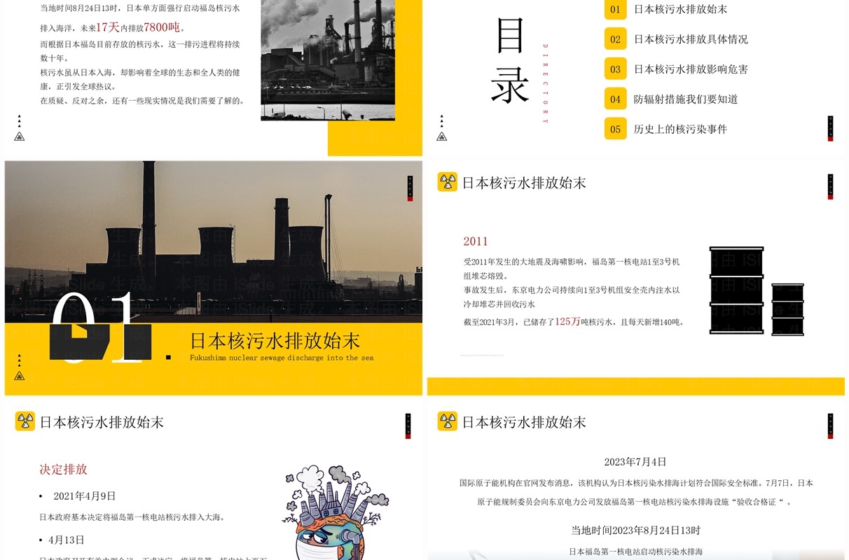 黄色简约风日本福岛核污水排海事件科普PPT模板