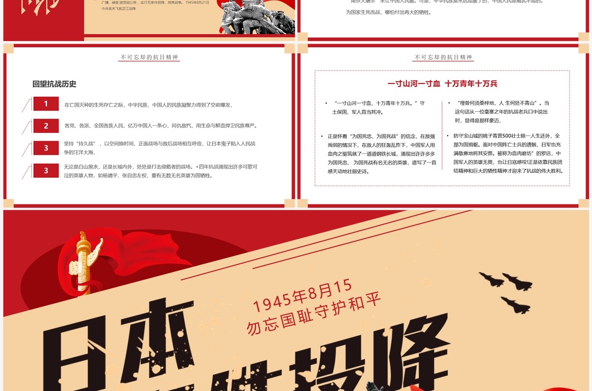 红色简约日本无条件投降日介绍PPT模板