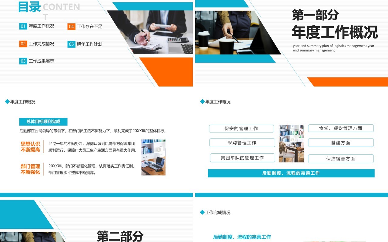 蓝橙色商务后勤管理年终总结PPT通用模板