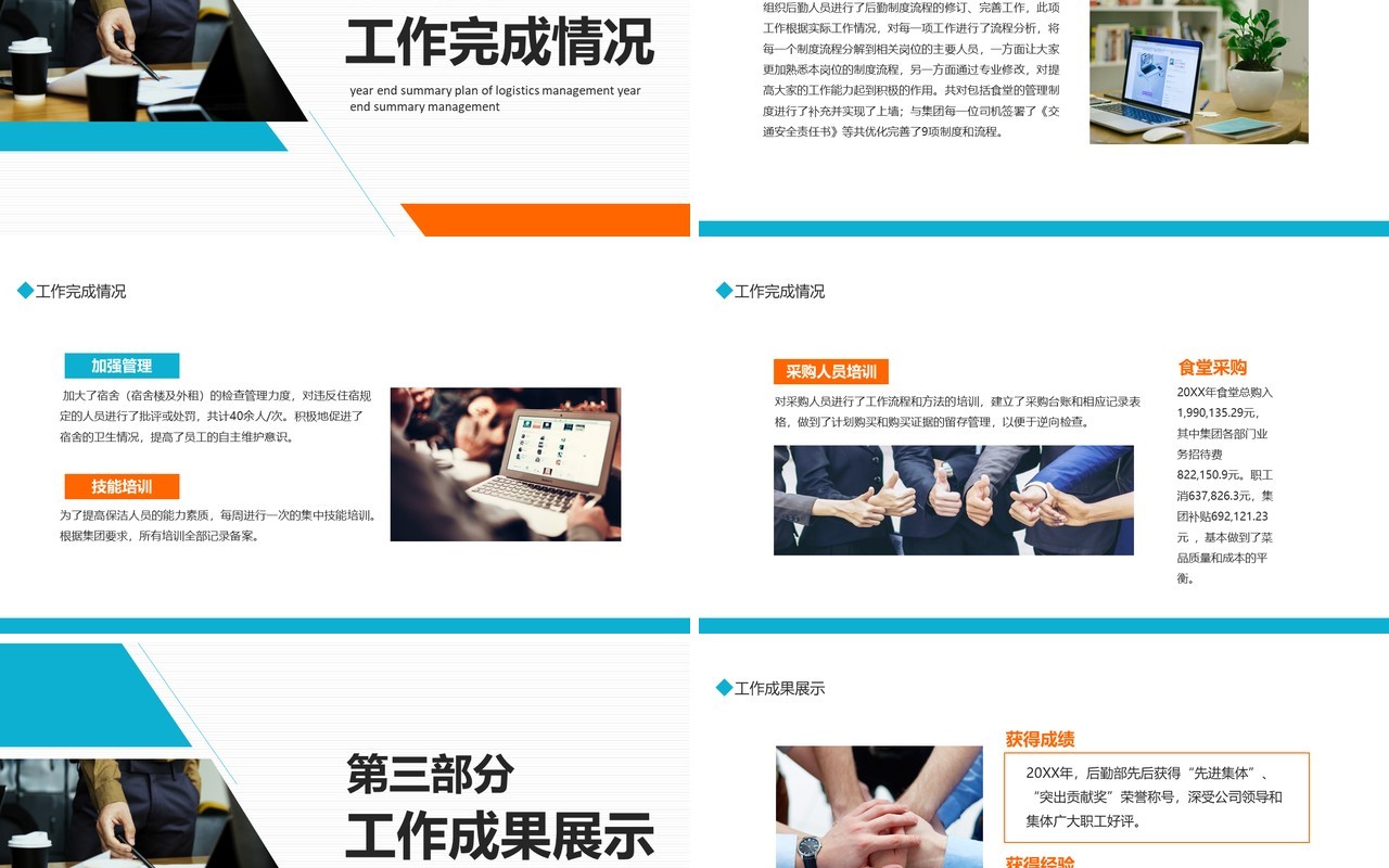 蓝橙色商务后勤管理年终总结PPT通用模板