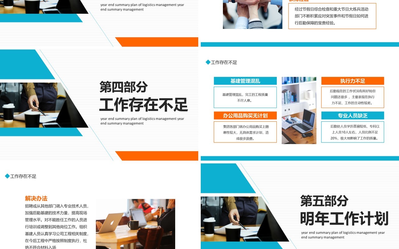 蓝橙色商务后勤管理年终总结PPT通用模板