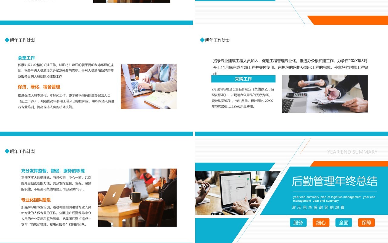 蓝橙色商务后勤管理年终总结PPT通用模板