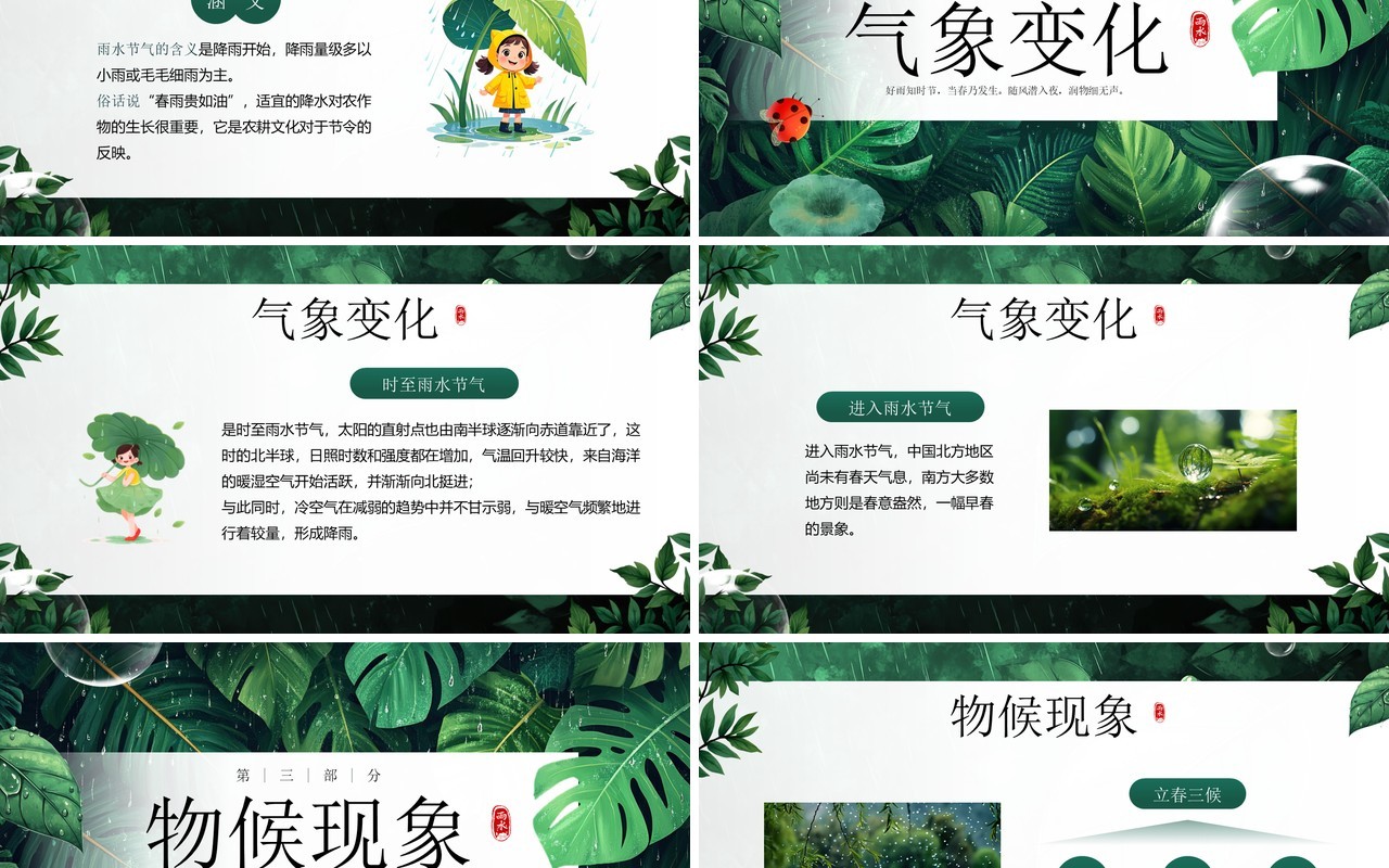 绿色插画风二十四节气之雨水PPT模板