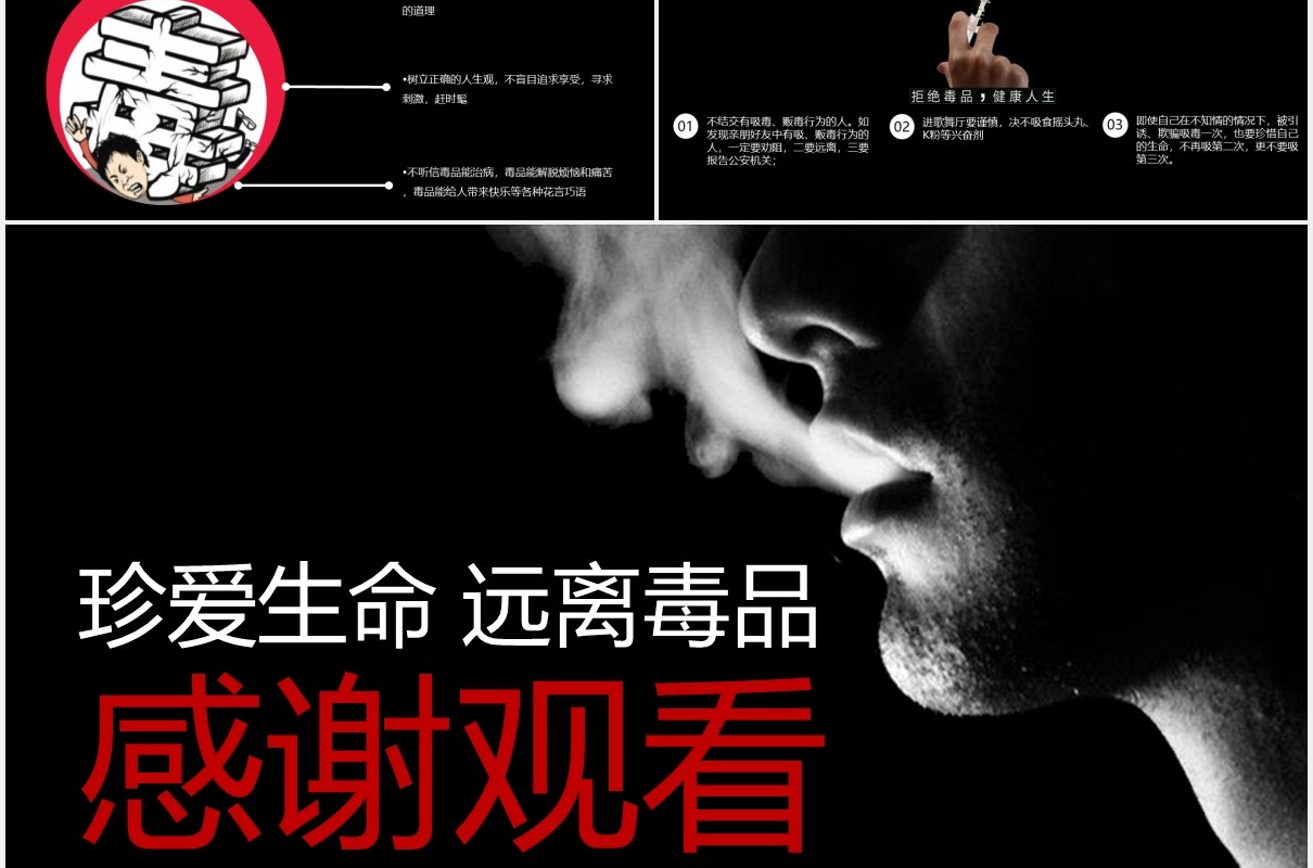 黑色远离毒品珍爱生命禁毒知识教育宣传PPT模板