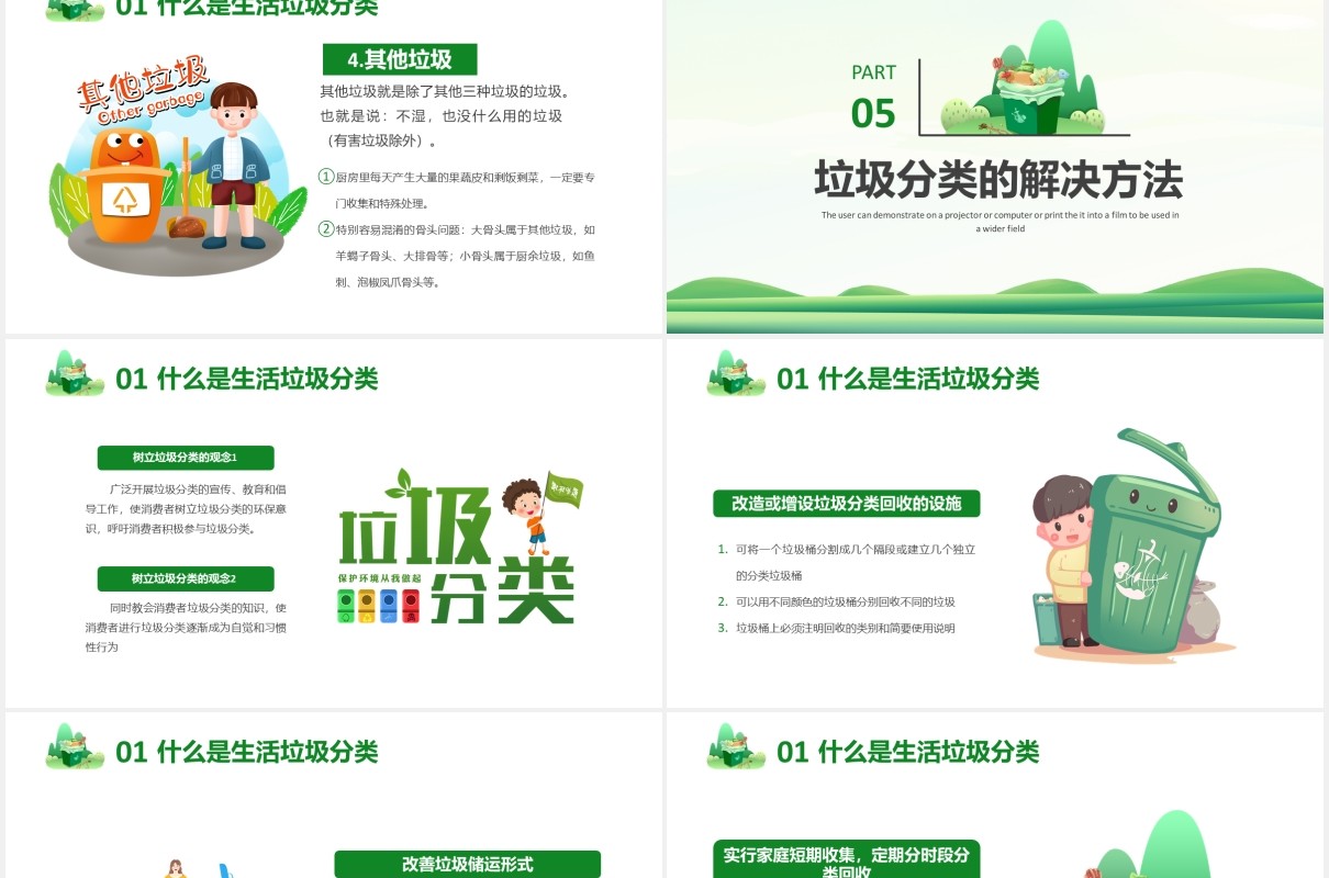 绿色卡通餐厨垃圾分类装生活教育培训PPT模版
