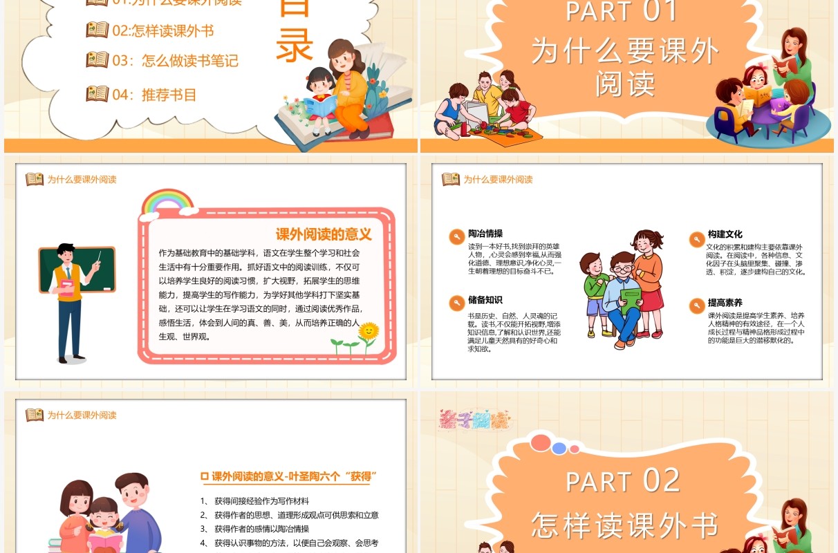 黄色卡通与好书交朋友课外阅读指导PPT模板