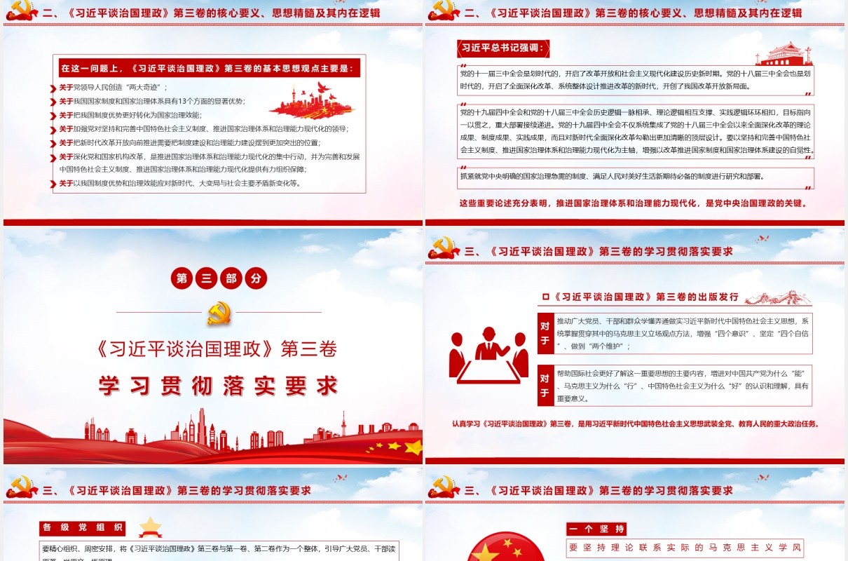 红色党政《习近平谈治国理政》第三卷重点内容全面解读党课党建PPT模板