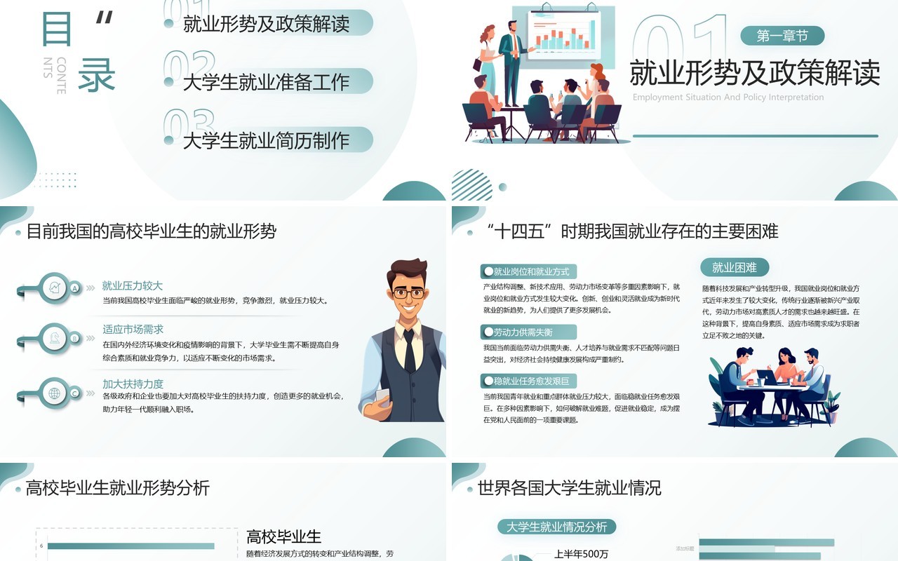 绿色插画风大学生就业指导PPT模板