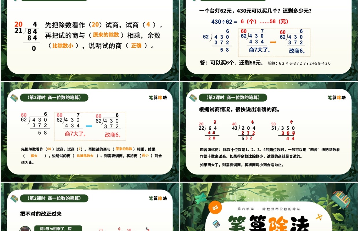 绿色卡通风笔算除法数学课件PPT模板