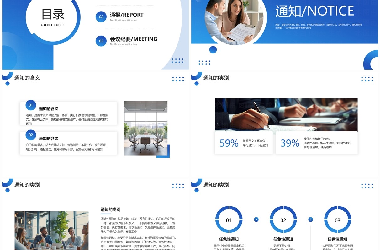 蓝色商务风通知通报会议纪要PPT模板