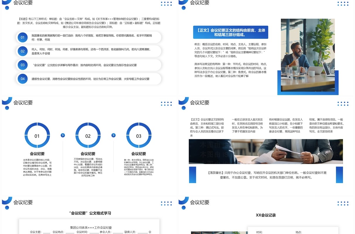 蓝色商务风通知通报会议纪要PPT模板