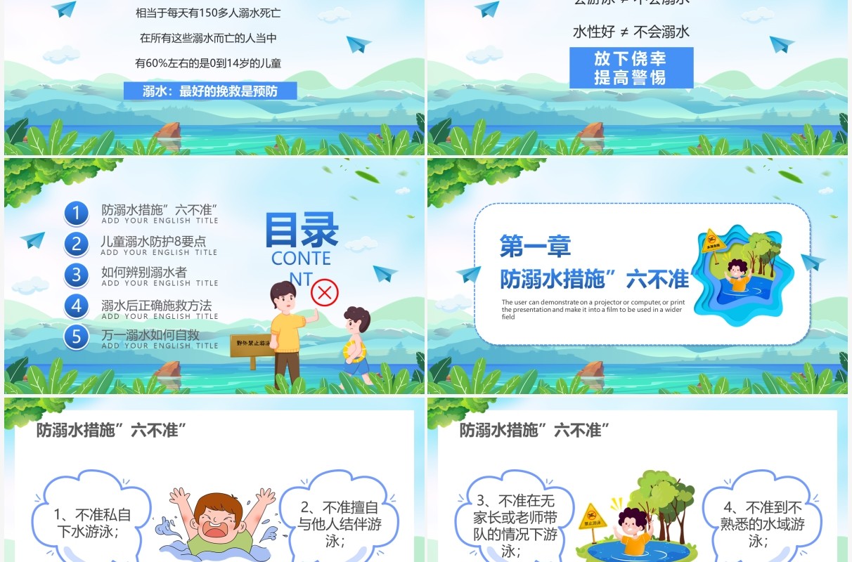 蓝色卡通风防溺水措施六不准PPT模板