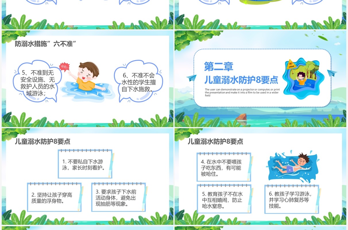 蓝色卡通风防溺水措施六不准PPT模板