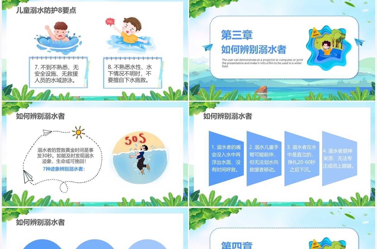 蓝色卡通风防溺水措施六不准PPT模板