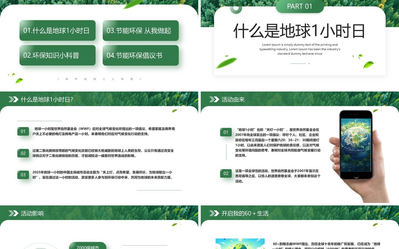 绿色简约风地球1小时日主题班会PPT模板