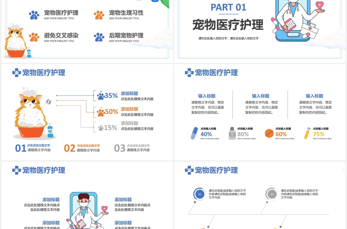 2021简约小清新宠物医疗护理教育培训通用PPT模板