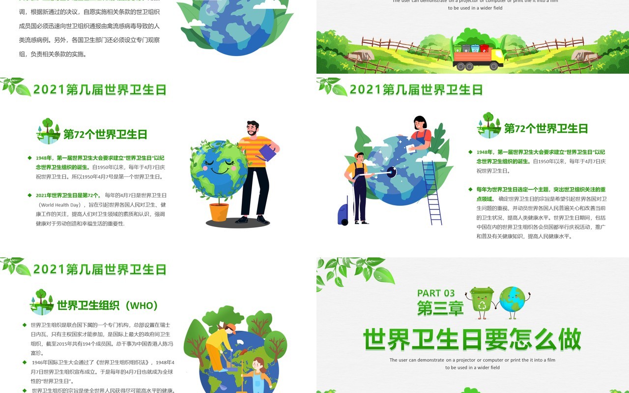 2021绿色卡通世界卫生日宣传教育PPT模板