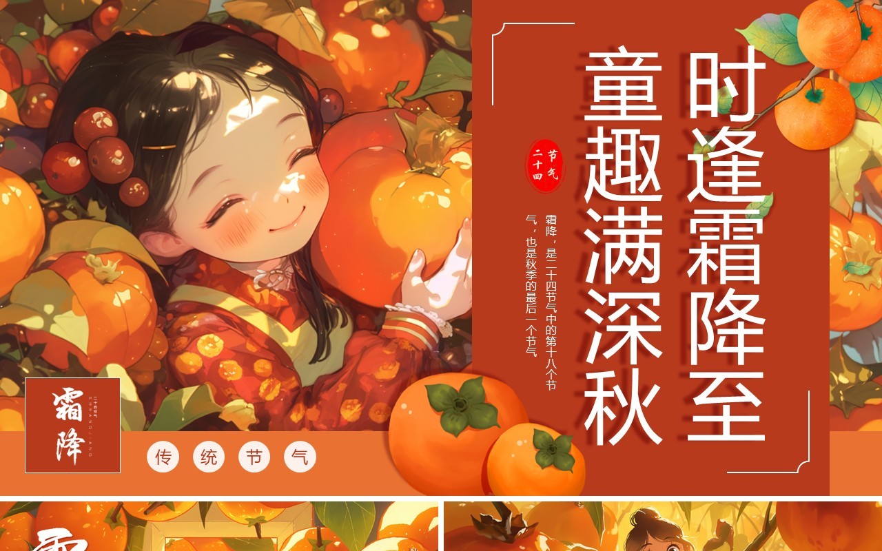 橙色插画风二十四节气之霜降PPT模板