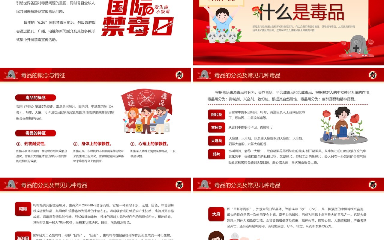红色卡通风识毒防毒拒毒禁毒宣传教育PPT模板