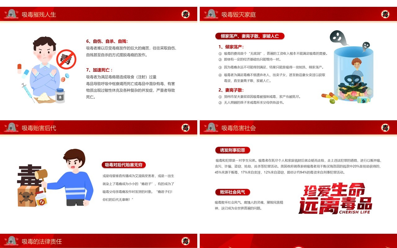 红色卡通风识毒防毒拒毒禁毒宣传教育PPT模板