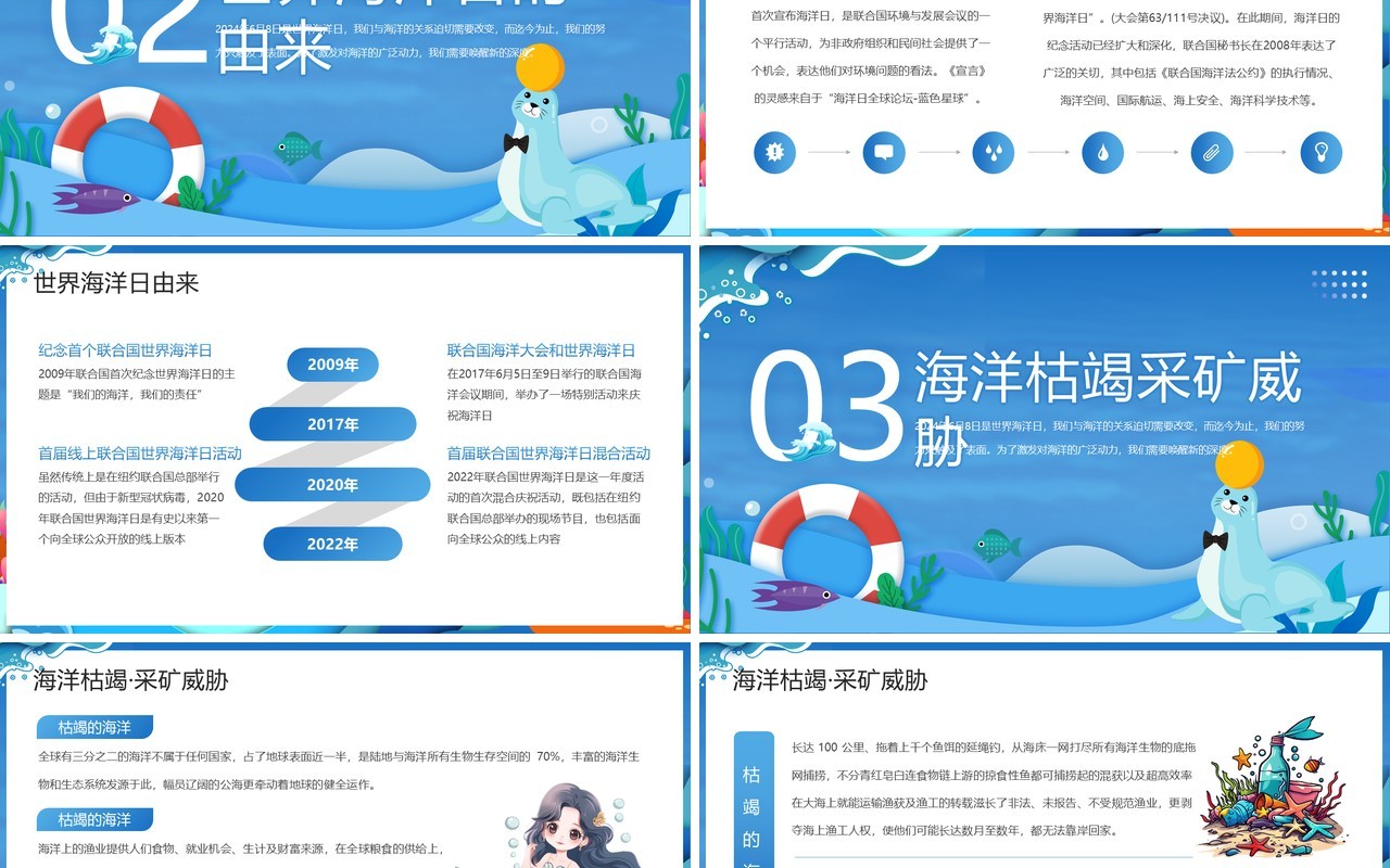 蓝色扁平卡通风世界海洋日PPT模板