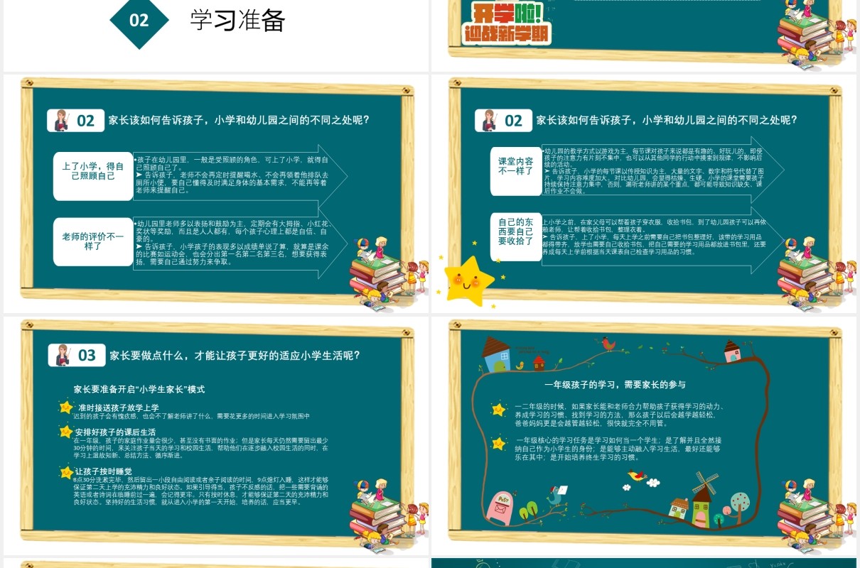 儿童卡通小学生开学季一年级新生入学家长会PPT动态模板