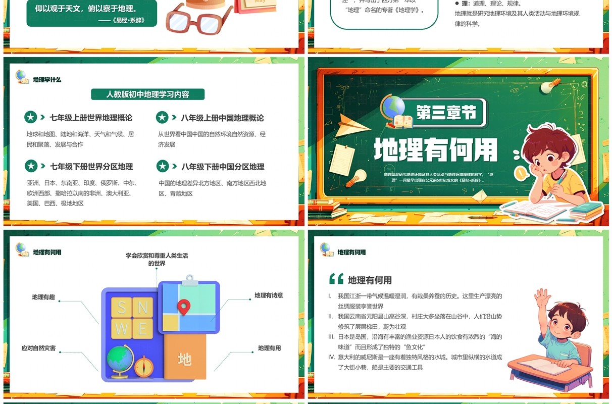 绿色卡通风初中地理开学第一课PPT模板