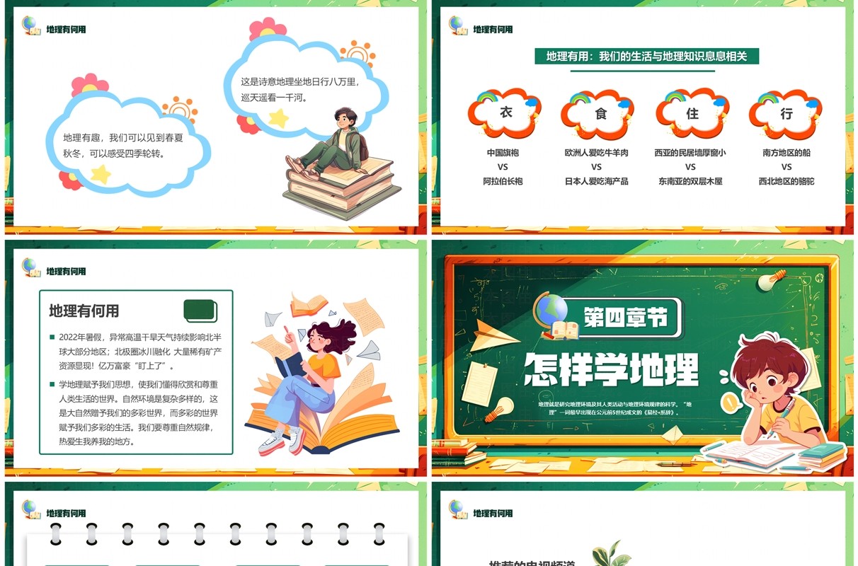 绿色卡通风初中地理开学第一课PPT模板