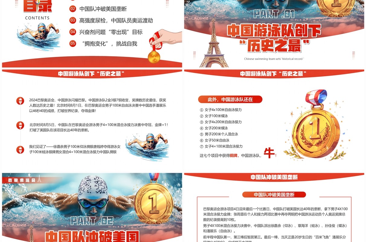 红色插画风中国游泳队创下历史之最PPT模板