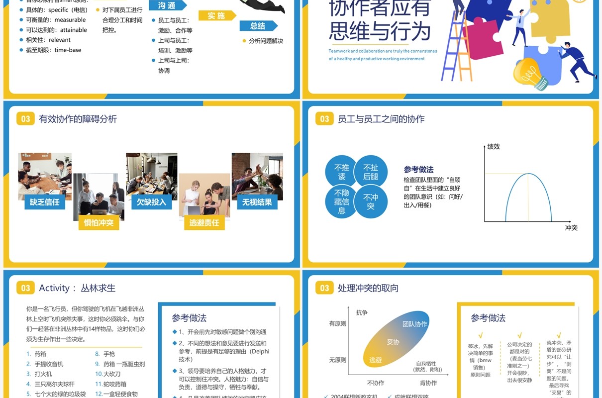 蓝黄撞色扁平风团队分工与协作PPT模板