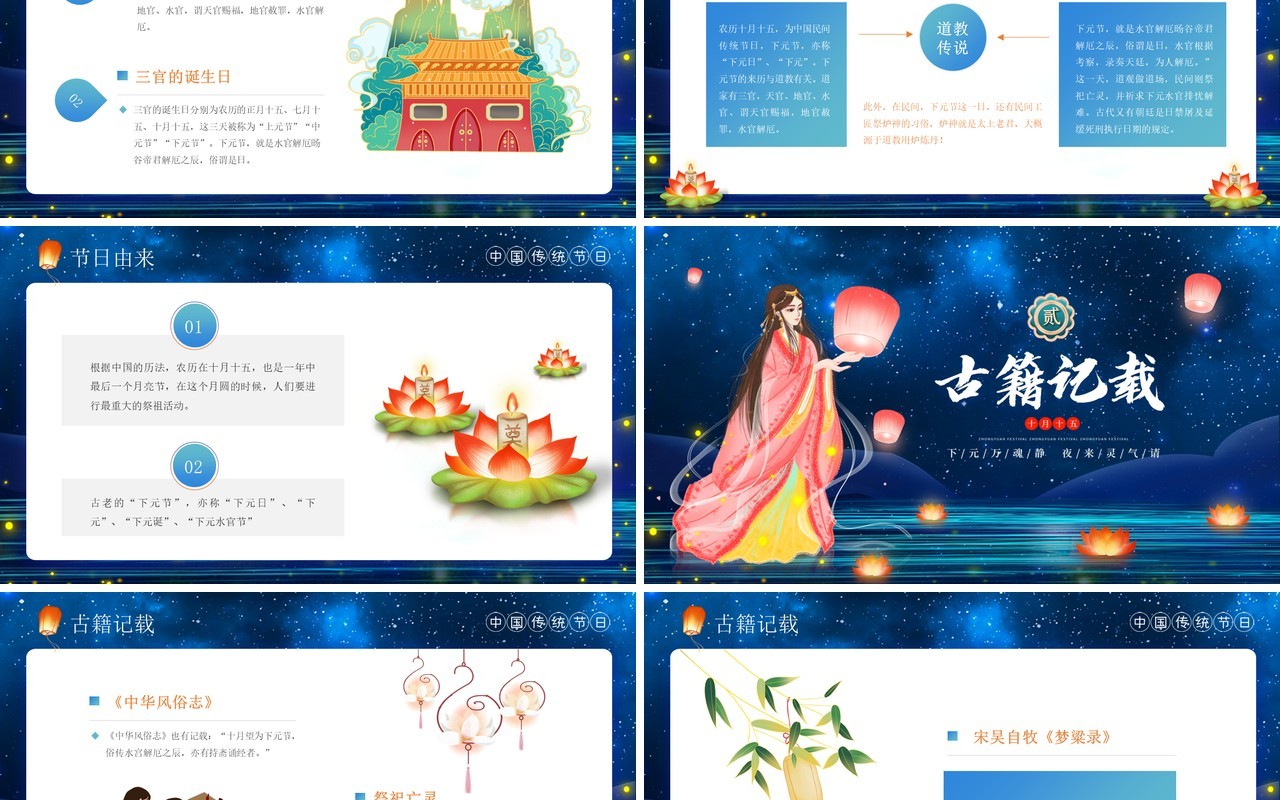 蓝色中国风传统节日之下元节PPT模板