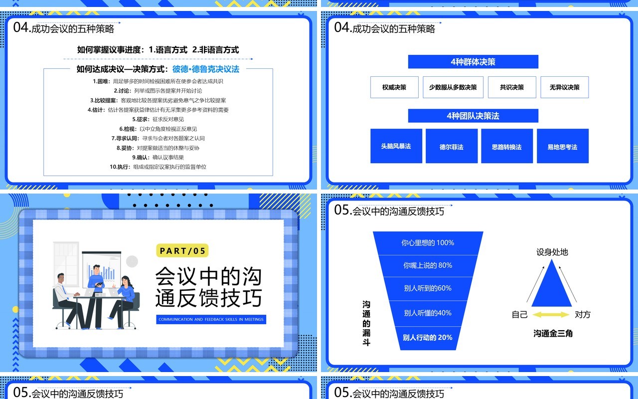 蓝色插画风高效会议管理技巧PPT模板