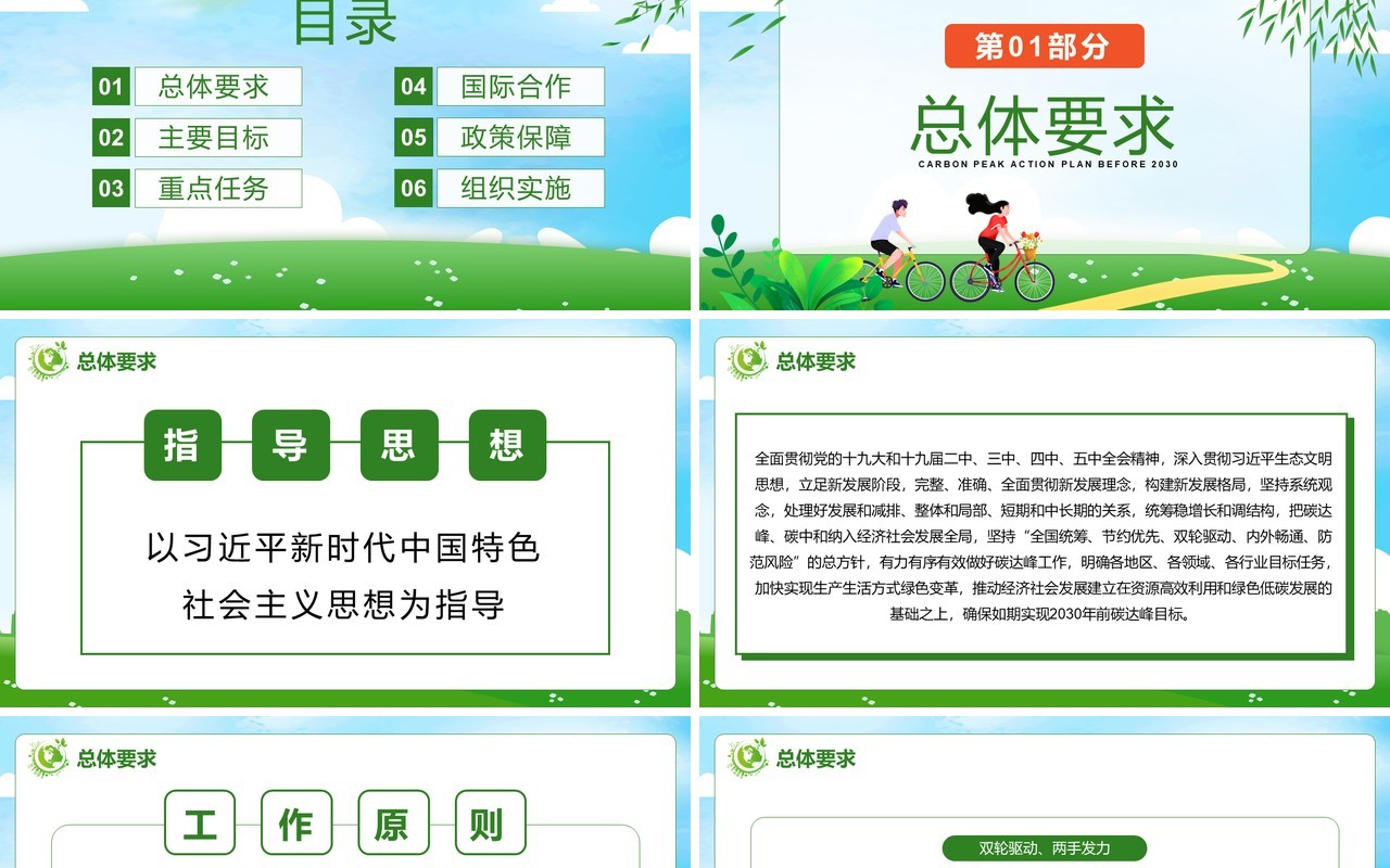 绿色卡通2030年前碳达峰行动方案PPT模板