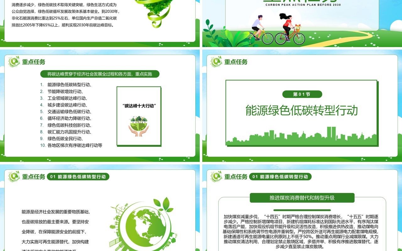 绿色卡通2030年前碳达峰行动方案PPT模板