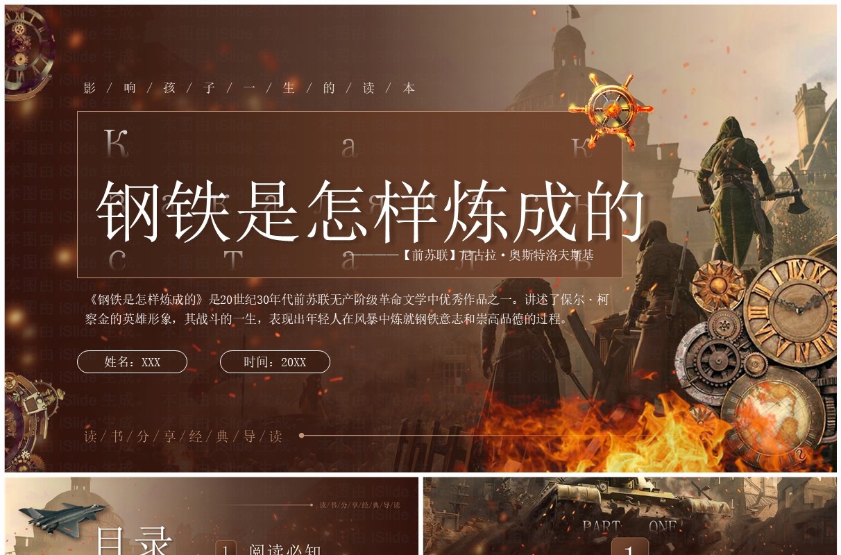 棕色复古风钢铁是怎样炼成的PPT模板
