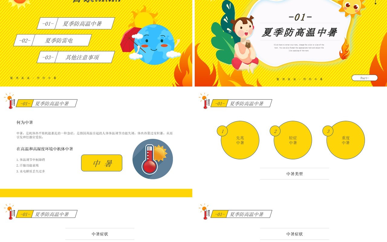 黄色简约卡通风夏季高温安全知识PPT模板
