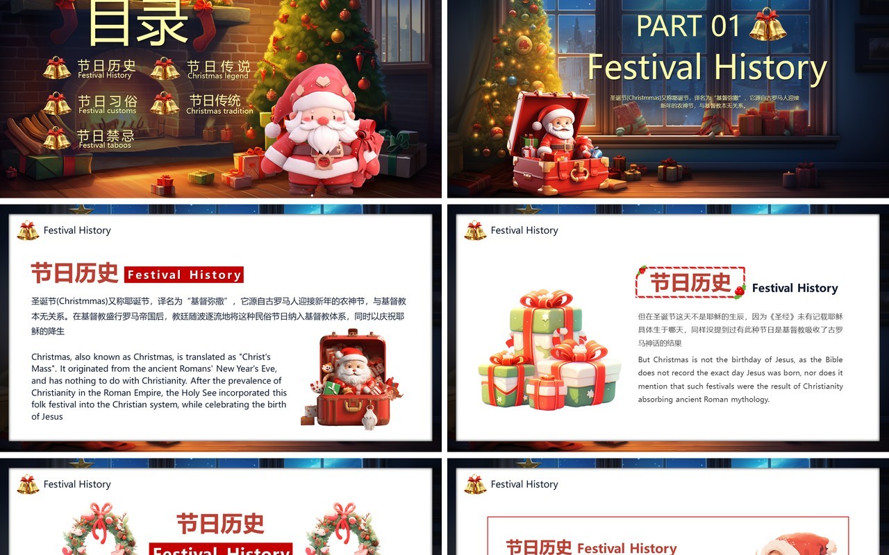 绿色卡通风圣诞节英文介绍PPT模板