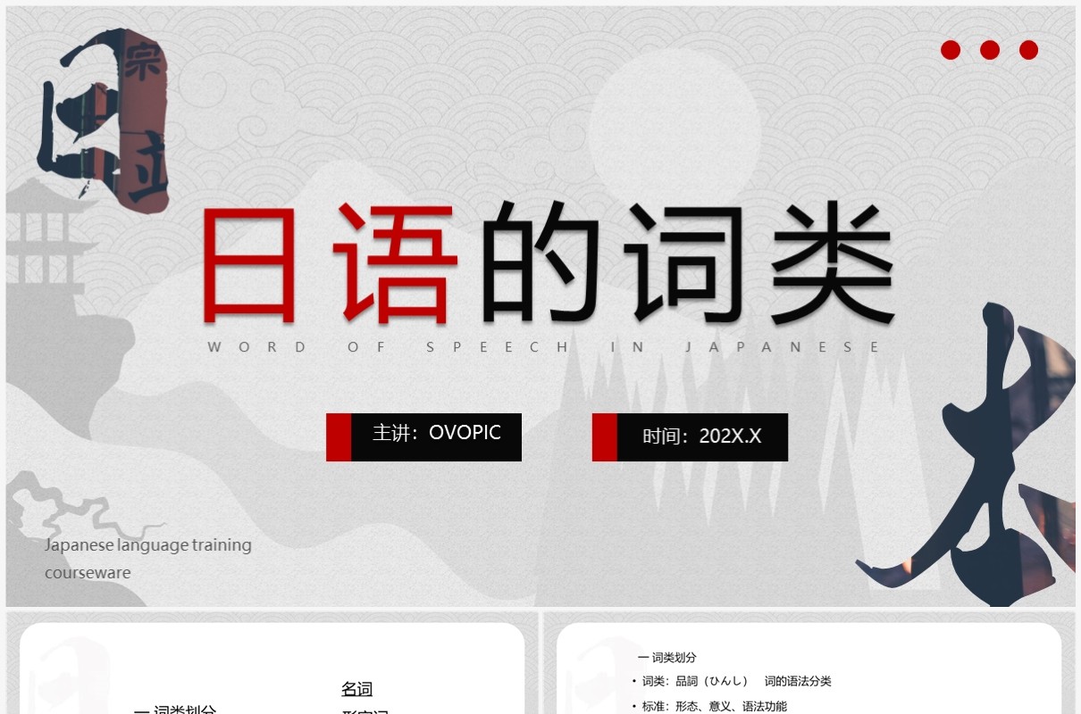 简约红色日语的词类日语教学PPT模板