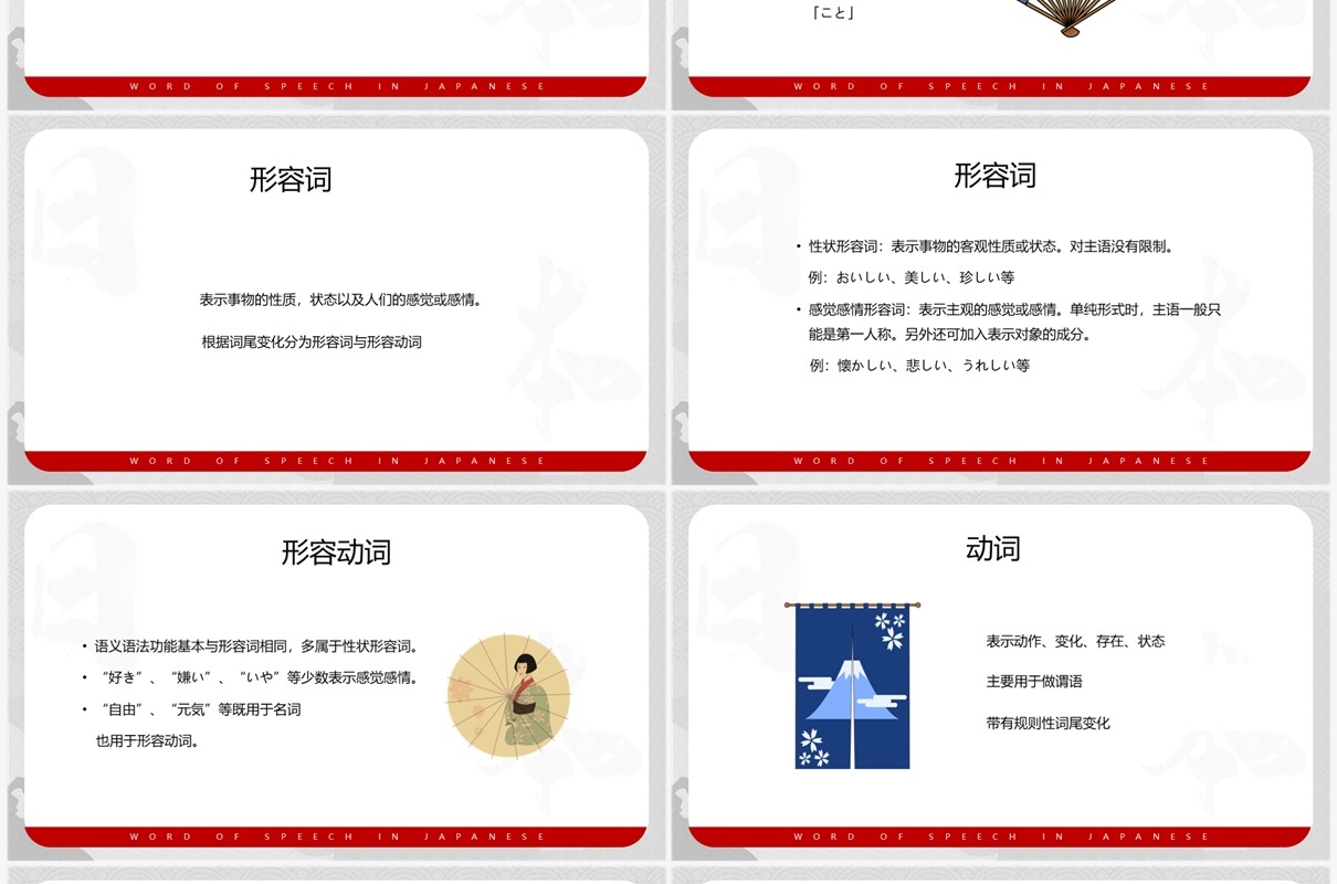 简约红色日语的词类日语教学PPT模板